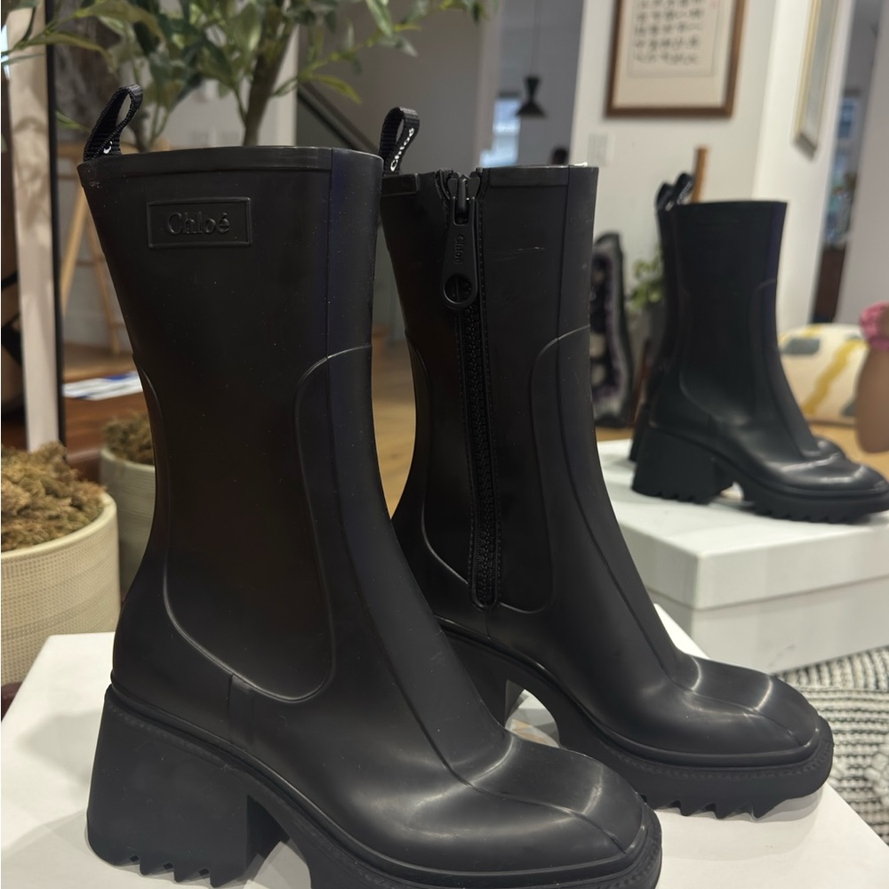 Chloe Black Winter Rain Boots Durable Leather